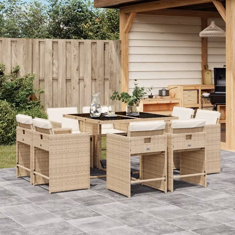 vidaXL Set da Pranzo da Giardino 9 pz in Polyrattan con Cuscini Beige e Piano in Vetro