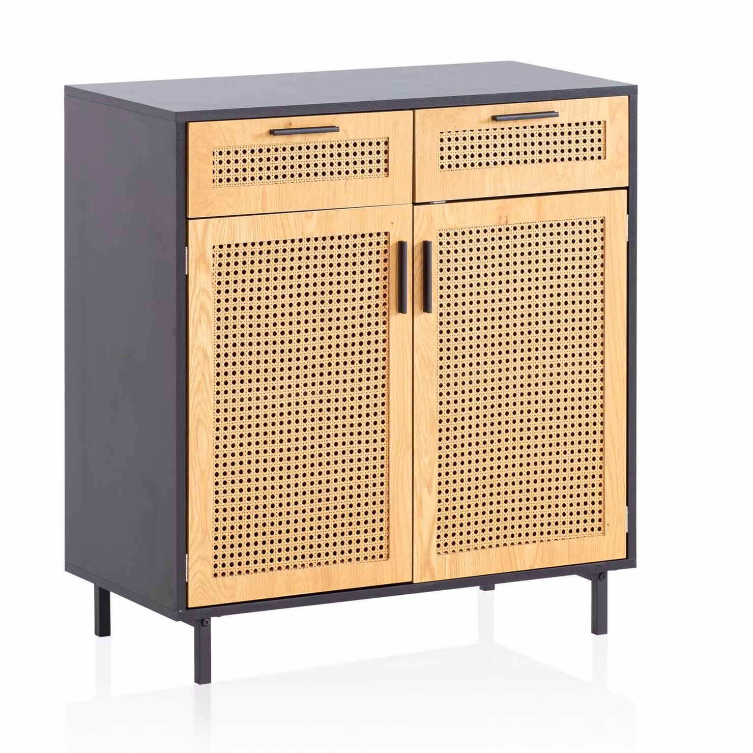 Credenza 80x86,5x40 cm cassettiera nera con vimini viennese, cassettiera alta senza tempo, mobile da soggiorno a terra con 2 ante e cassetti, credenza in rattan | Wohnling