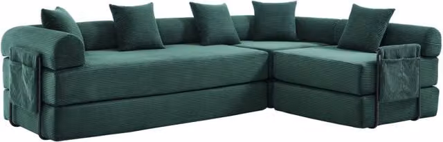 Divano modulare trasformabile in letto 270x180x64 cm in velluto a coste; verde smeraldo