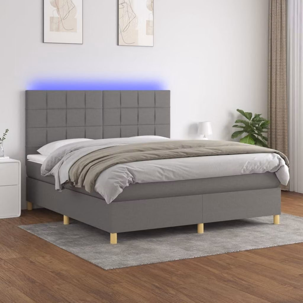 The Living Store Letto a molle con materasso e LED in tessuto grigio scuro 160x200 cm