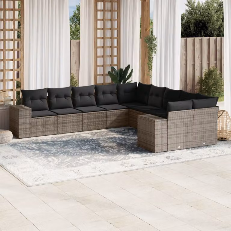 Set Divano da Giardino vidaXL 10 pz in Polyrattan Grigio con Cuscini