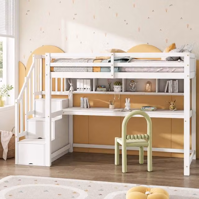 Letto a soppalco 90 × 200 cm con scrivania e scala con vano contenitore in legno e MDF bianco