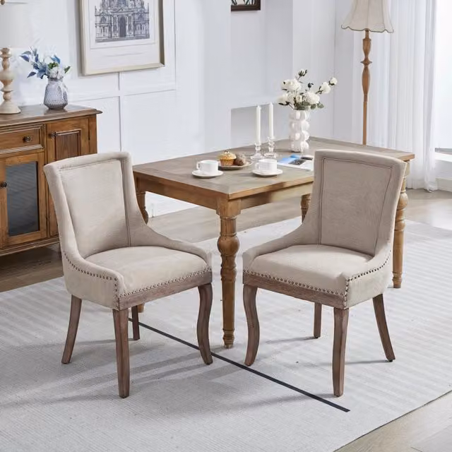 Set di 2 sedie da sala da pranzo OKWISH in ciniglia beige con schienale alto e gambe in legno massello