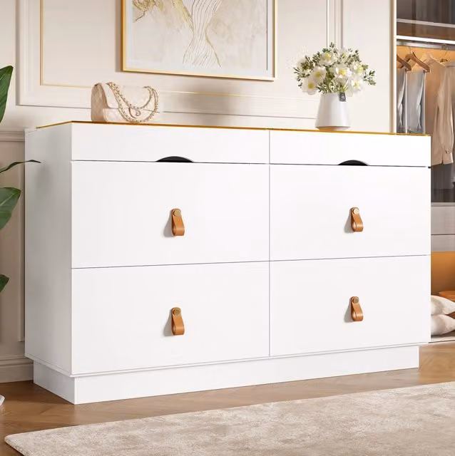 Comò con 6 cassetti e piano in vetro temperato 120x40x78 cm; bianco