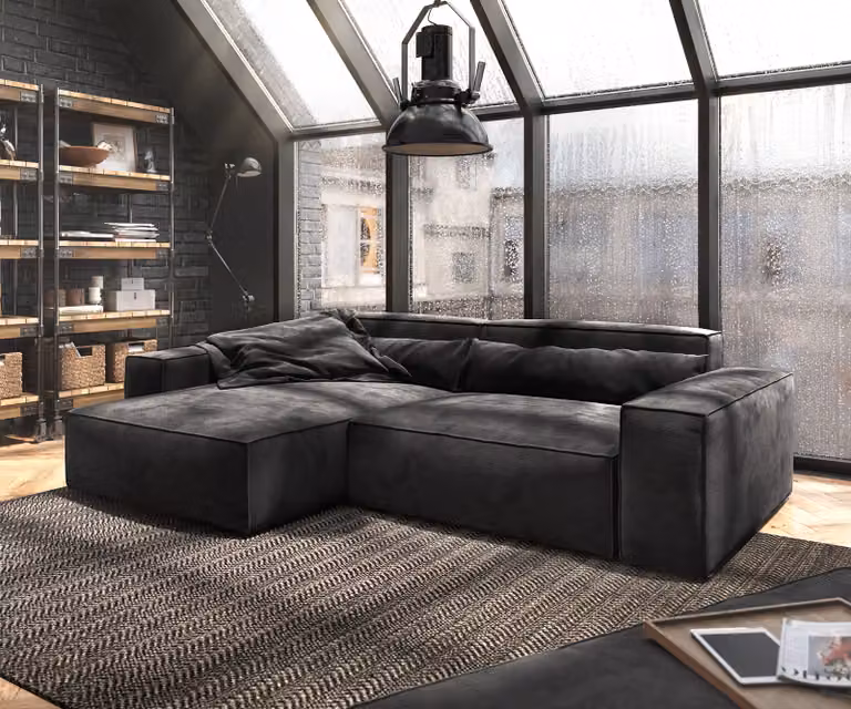 Divano ad angolo DELIFE Sirpio XL 270x170 cm in microfibra nera, con chaise longue regolabile e poggiapiedi