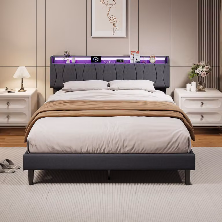Letto imbottito ProximaX, 140x200 cm, grigio, con struttura LED RGB, porta USB-C, rete a doghe e testiera rivestita in tessuto