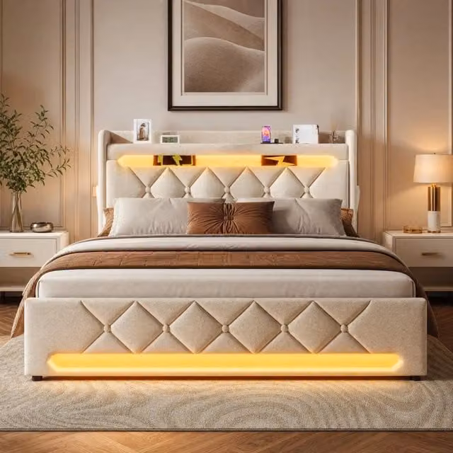 Letto matrimoniale imbottito 180x200 cm con testiera beige in lino, illuminazione LED a 360°, porta USB e Type-C, contenitore idraulico, senza materasso