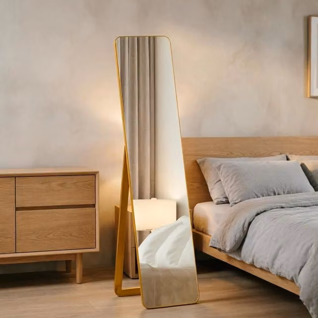 Specchio da terra rettangolare REDOM in legno e vetro, colore noce e oro, L: 156 cm, P: 37 cm