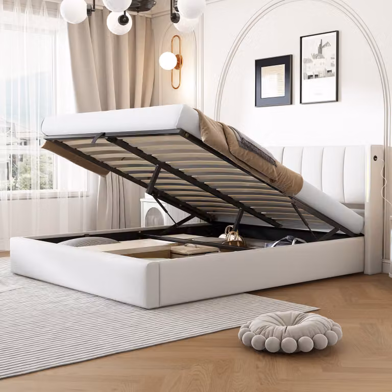 Letto imbottito AIORBER, 140 x 190 cm, letto idraulico, con illuminazione a LED, ampio spazio di archiviazione, testata regolabile, con connessione USB, rotelle in PU, bianco