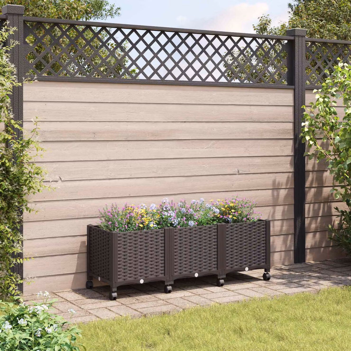 vidaXL Vaso da Giardino con Ruote in Plastica Marrone L: 120 cm, P: 40 cm, H: 44 cm