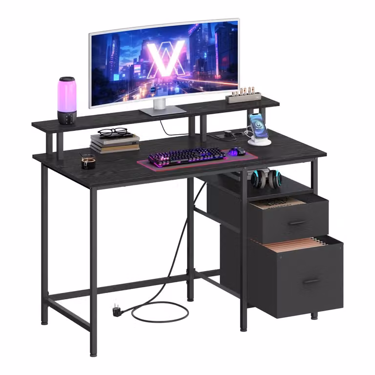 Scrivania per Computer con LED e Prese Nero Ebano, Nero Ebano / 120l cm
