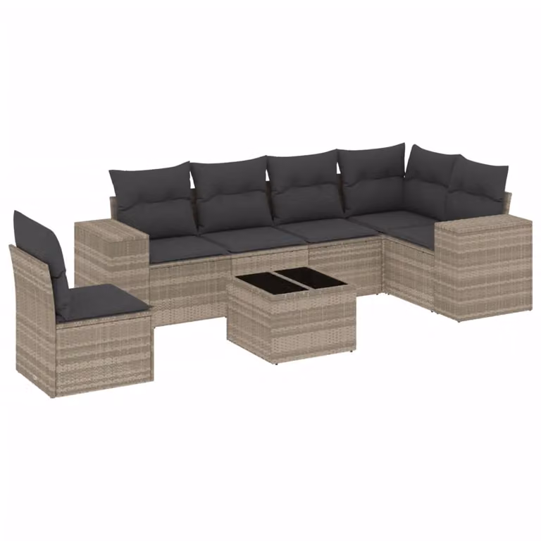 Set Divani da Giardino 7pz con Cuscini Grigio Chiaro Polyrattan