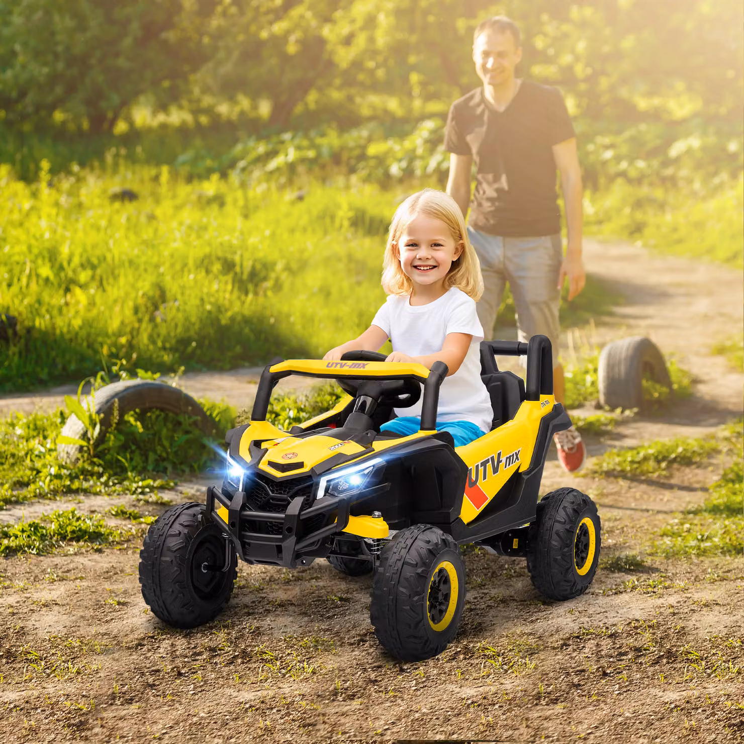 AIYAPLAY Macchina elettrica per bambini 12 V con telecomando, Giallo, L: 96 cm, P: 61 cm, H: 56 cm – 2