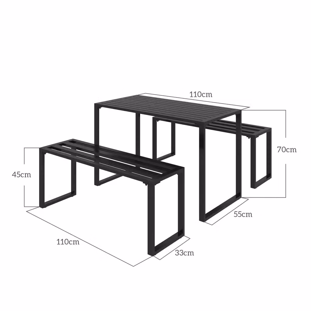 Set da giardino Mivray composto da tavolo rettangolare e due panche in acciaio verniciato a polvere nero opaco per 4 persone – 2