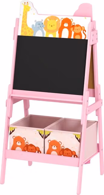 Cavalletto Artistico per Bambini AIYAPLAY in Legno con Lavagna a 2 Lati e 2 Cestini Contenitori, Rosa, L: 53.5 cm, P: 49 cm, H: 113 cm