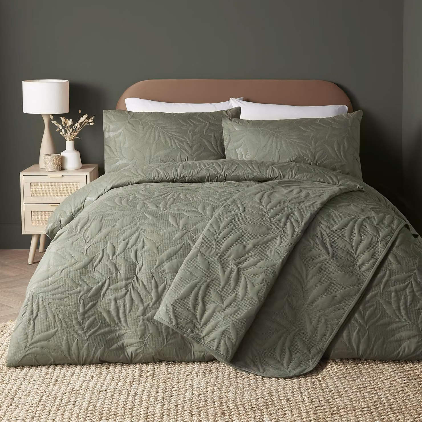 Solidchoice - Set di lenzuola con copripiumino color kaki con motivo a foglie, 140 x 200 cm