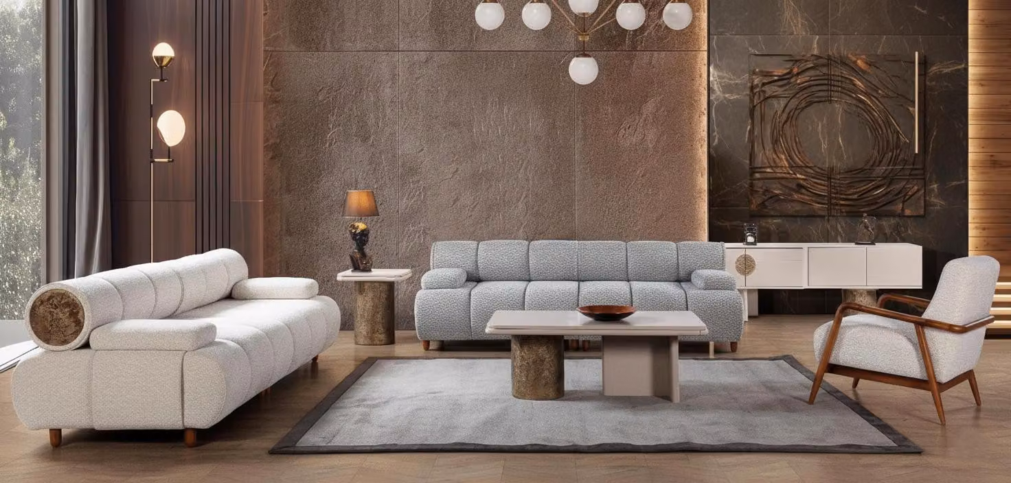 Set da salotto moderno 3+3+1 posti Divano a tre posti e poltrona beige