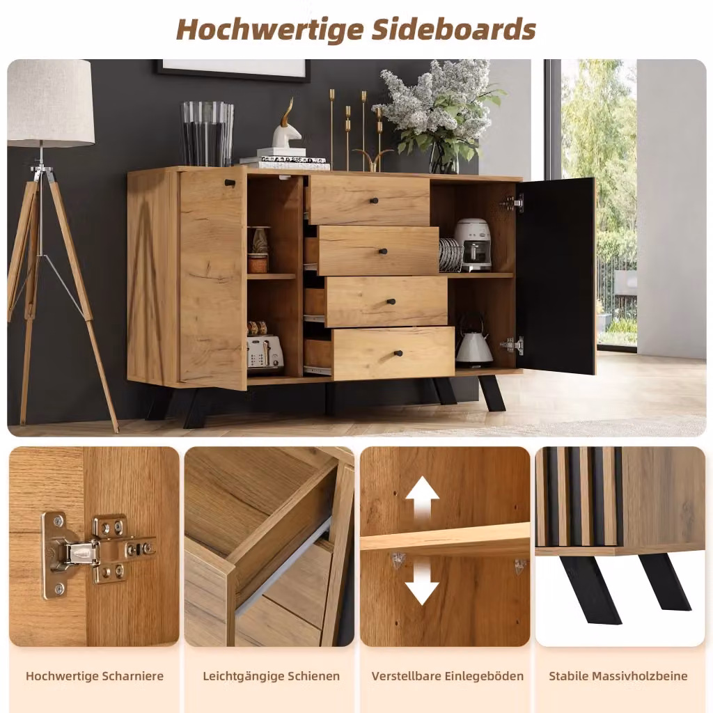 Credenza moderna REDOM in MDF nero e legno con 4 cassetti e 2 ante, L 120 x P 38 x H 75 cm – 2
