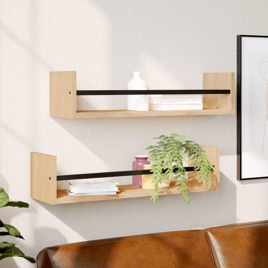 Set di 2 mensole a parete con aste vidaXL in Rovere Sonoma, L: 60 cm, P: 16 cm, H: 14 cm
