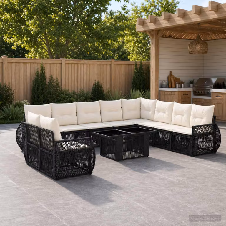 Set Divano da Giardino vidaXL 11 Pezzi Moderno a Forma di U con Tavolino e Cuscini, Nero e Bianco