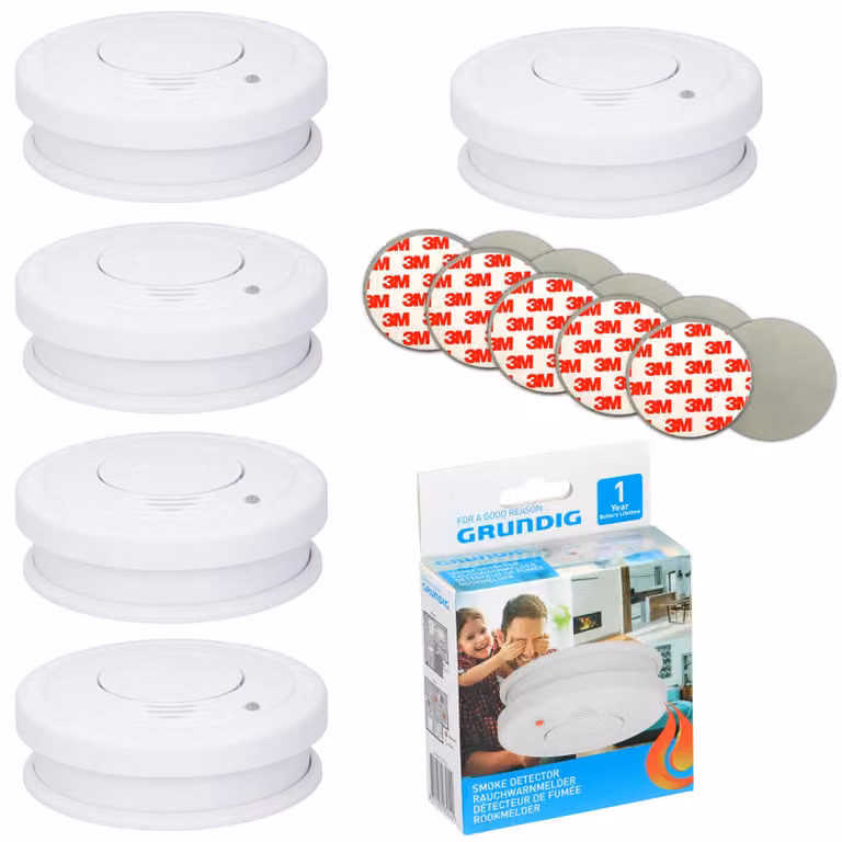 5 rilevatori di fumo da 85 dB con batteria da 9 V inclusa + set di adesivi 3M per rilevatori di incendio
