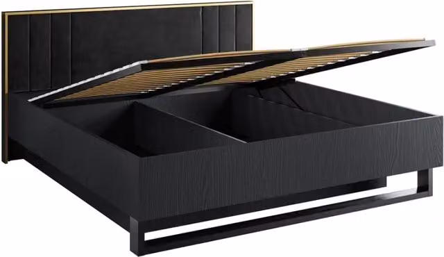 Letto contenitore MONDO - 160x200 cm - Nero strutturato e dorato - Piedi in metallo - Rete inclusa