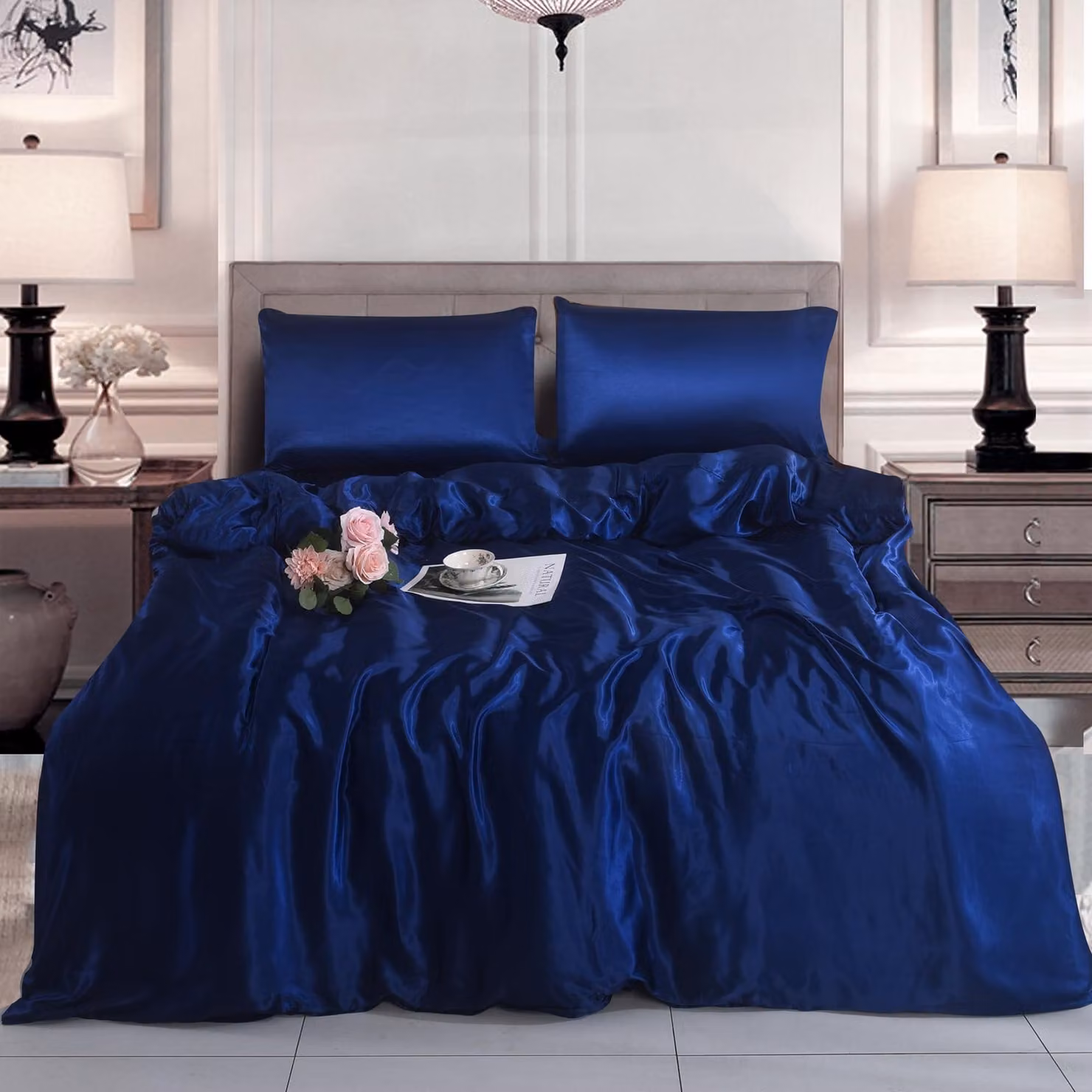 Omgoods - Set di lenzuola in raso con federe - Set di biancheria da letto