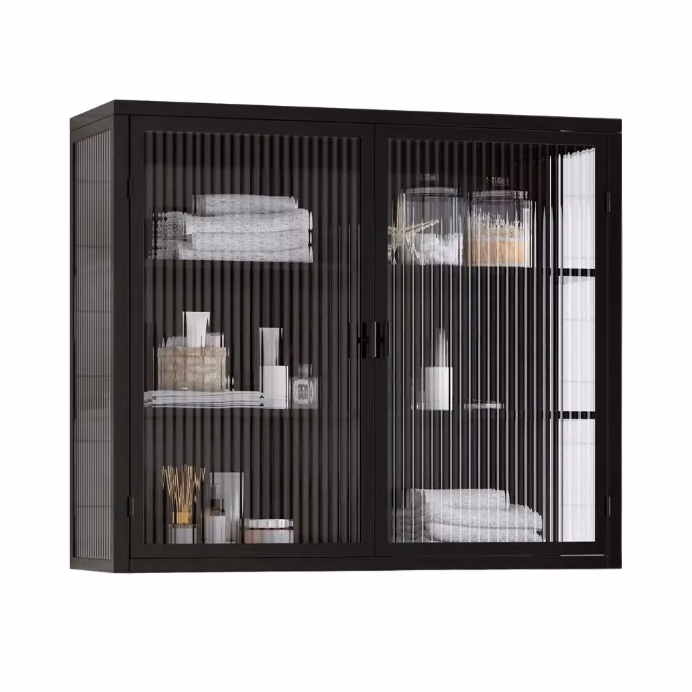 Mobile da ingresso a muro Minimal bianco e nero con ante in vetro trasparente e ripiani interni – 2