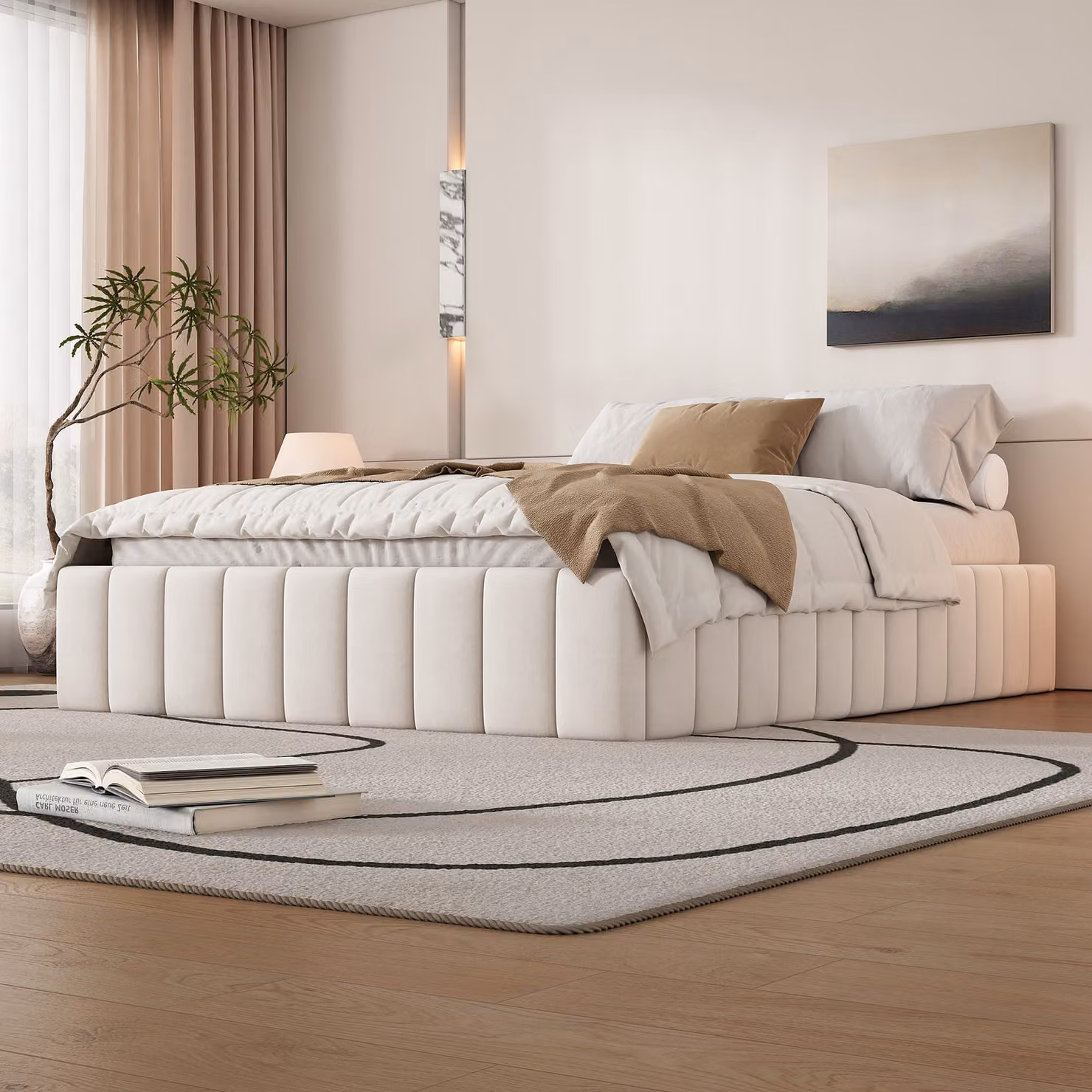 Letto imbottito Flieks 140x200cm senza testata, letto contenitore letto per ragazzi con 4 cassetti, letto matrimoniale letto in legno letto funzionale con rete a doghe, velluto, beige