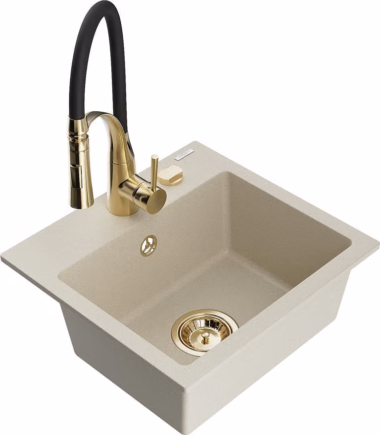 Mexen Milo lavello in granito a 1 vasca con miscelatore da cucina Aster, beige - 6505-69-73450-57-G