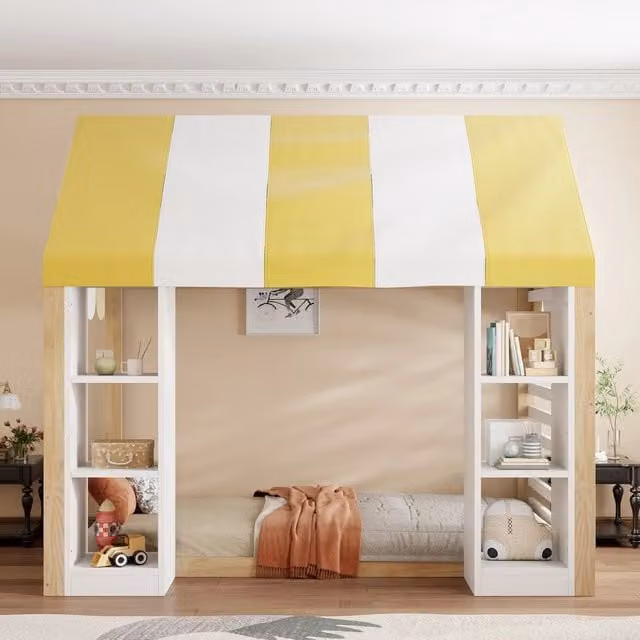 Letto per bambini 90 × 200 cm con baldacchino e 2 vani aperti, senza materasso, in legno, bianco e naturale