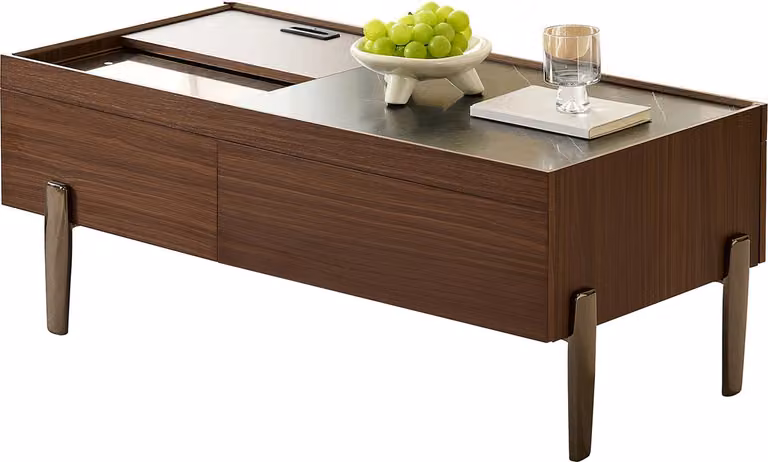 Tavolino con cassetti e piano in vetro – Design in legno marrone scuro, venature del legno effetto marmo, gambe in metallo e ampio spazio contenitivo per il soggiorno