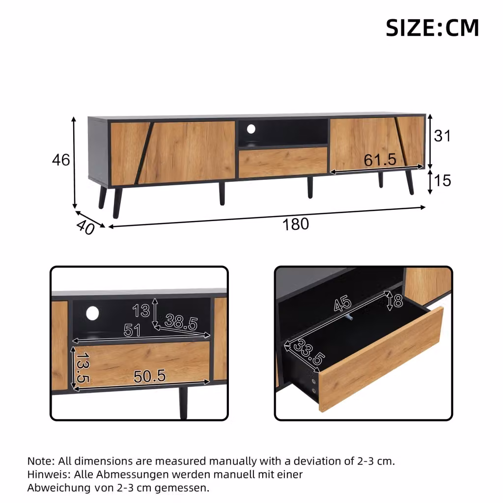 Lowboard TV KOMHTOM moderno in nero e legno naturale L: 180 cm, P: 40 cm, H: 46 cm – 2