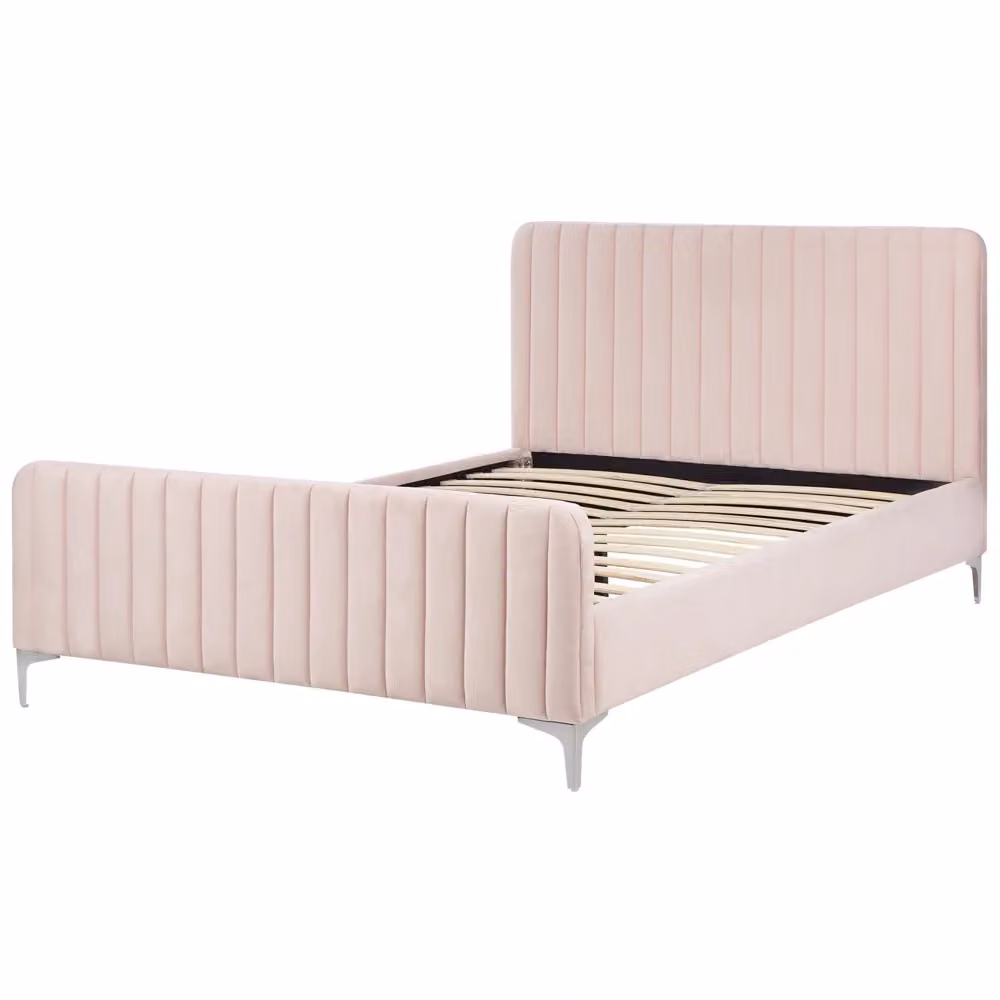 Letto Matrimoniale UE Beliani in Velluto Rosa Pastello con Testiera Imbottita e Gambe in Metallo Design Moderno L/P/H: 140 x 200 x 101 cm – 2