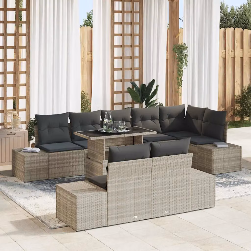 Set Divano da Giardino Moderno vidaXL in Polyrattan Grigio con Cuscini e Tavolino da Esterno a Forma di U, 9 Pezzi – 1