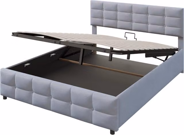 Letto imbottito 180x200 cm in velluto olandese grigio con rete a doghe e sollevatore idraulico singolo