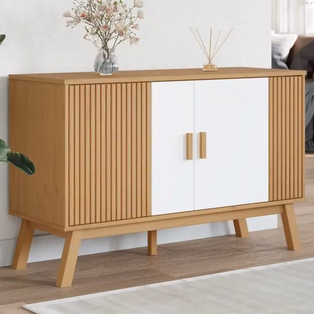 Credenza-Buffet-Armadio da cucina OLDEN Bianca e Marrone 114x43x73,5 cm Massello di Pino