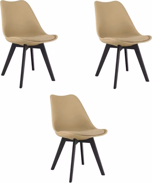 Set di 3 sedie moderne Valora in ecopelle beige con gambe in legno di faggio nero per cucina e soggiorno