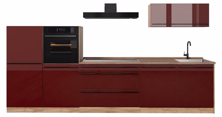 Cucina componibile Vicco R-Line Rosso lucido/Rovere dorato 340 cm piano di lavoro Rovere dorato, Model 66530