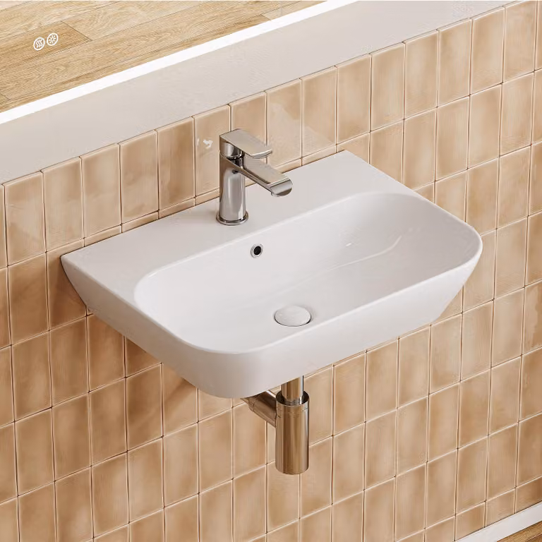 Lavabo sospeso HOROW, 56 x 40 cm, lavabo da appoggio per bagno, lavabo per ospiti, con foro per rubinetto e troppofilo
