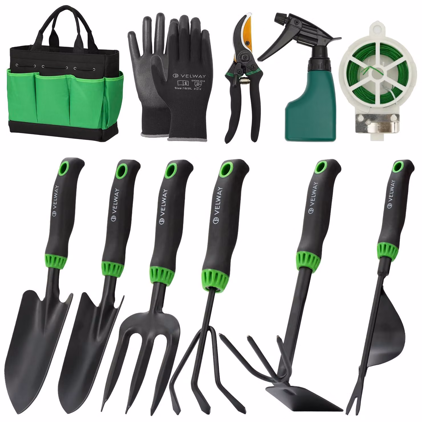 Set di attrezzi da giardino in acciaio inossidabile Velway 11-TLG, completo di borsa per il trasporto
