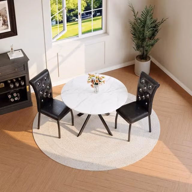 Set tavolo e sedie da pranzo con 1 tavolo rotondo e 2 sedie, piedini regolabili, MDF e metallo, bianco e nero