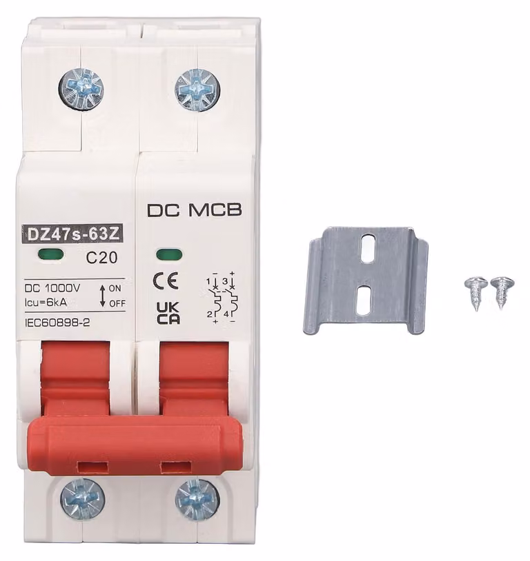 Interruttore automatico miniaturizzato, 2 poli, capacità di interruzione 6000A, corrente nominale 20A, corpo in PA66, per applicazioni fotovoltaiche, tensione DC 1000V