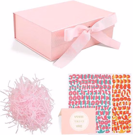 Scatola regalo con coperchio magnetico e accessori - Perfetta per matrimoni, compleanni, Natale - Scatola regalo rosa con adesivi, nastro e ritagli di carta