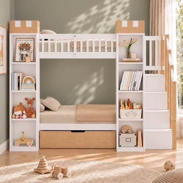 Letto a castello in legno 90x200 cm, bianco e naturale, con cassetto, protezione anticaduta e scala contenitore a forma di castello
