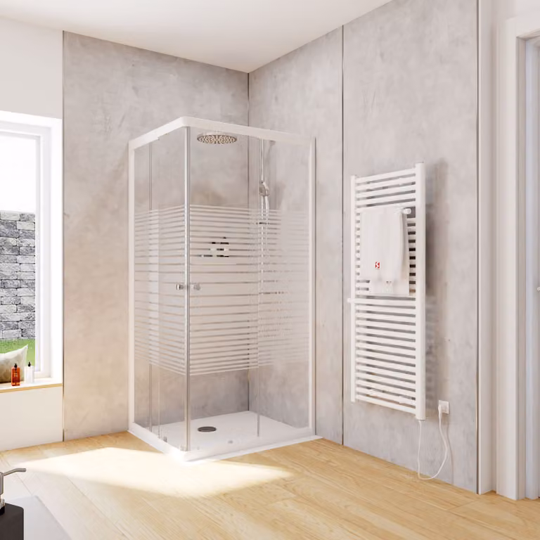 Cabina doccia Schulte Corner con ingresso angolare e porte scorrevoli, installazione su piatto doccia o piastrelle, vetro di sicurezza temperato da 4 mm, altezza: 180 cm, 75 x 90 cm, colore del profilo: bianco alpino, tipo di vetro: decorazione a strisce