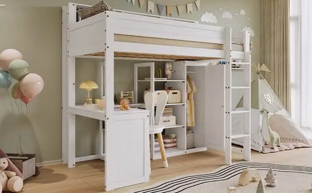 Letto a castello bianco 90×200 cm in pino, MDF e compensato, con scrivania, armadio, ripiani, spondine e scala a 4 gradini, senza materasso