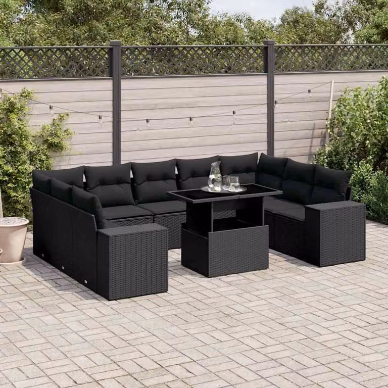vidaXL Set Divani da Giardino a L 10 Pezzi con Cuscini e Tavolino, Polyrattan e Acciaio Nero