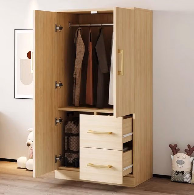 Armadio ULEVR 70x40x135 cm con 2 ante, 2 cassetti e vano contenitore, in pino, compensato e MDF