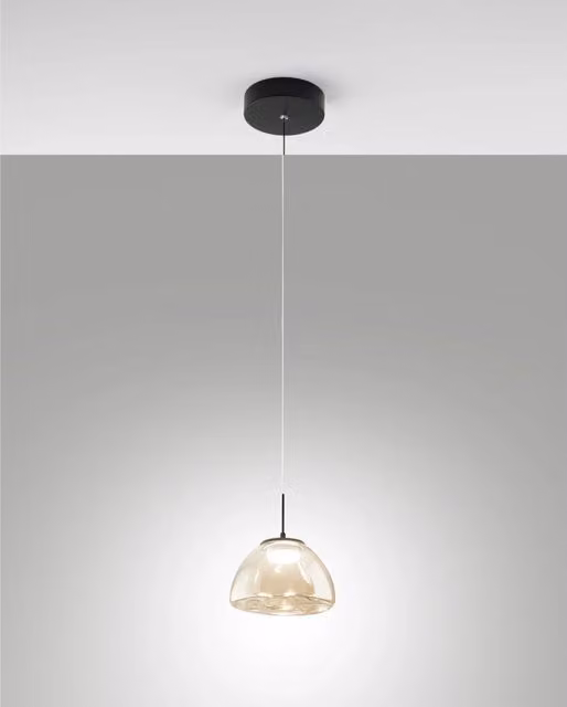 Lampada a sospensione Lucille Fabas in vetro trasparente e metallo color cognac e nero